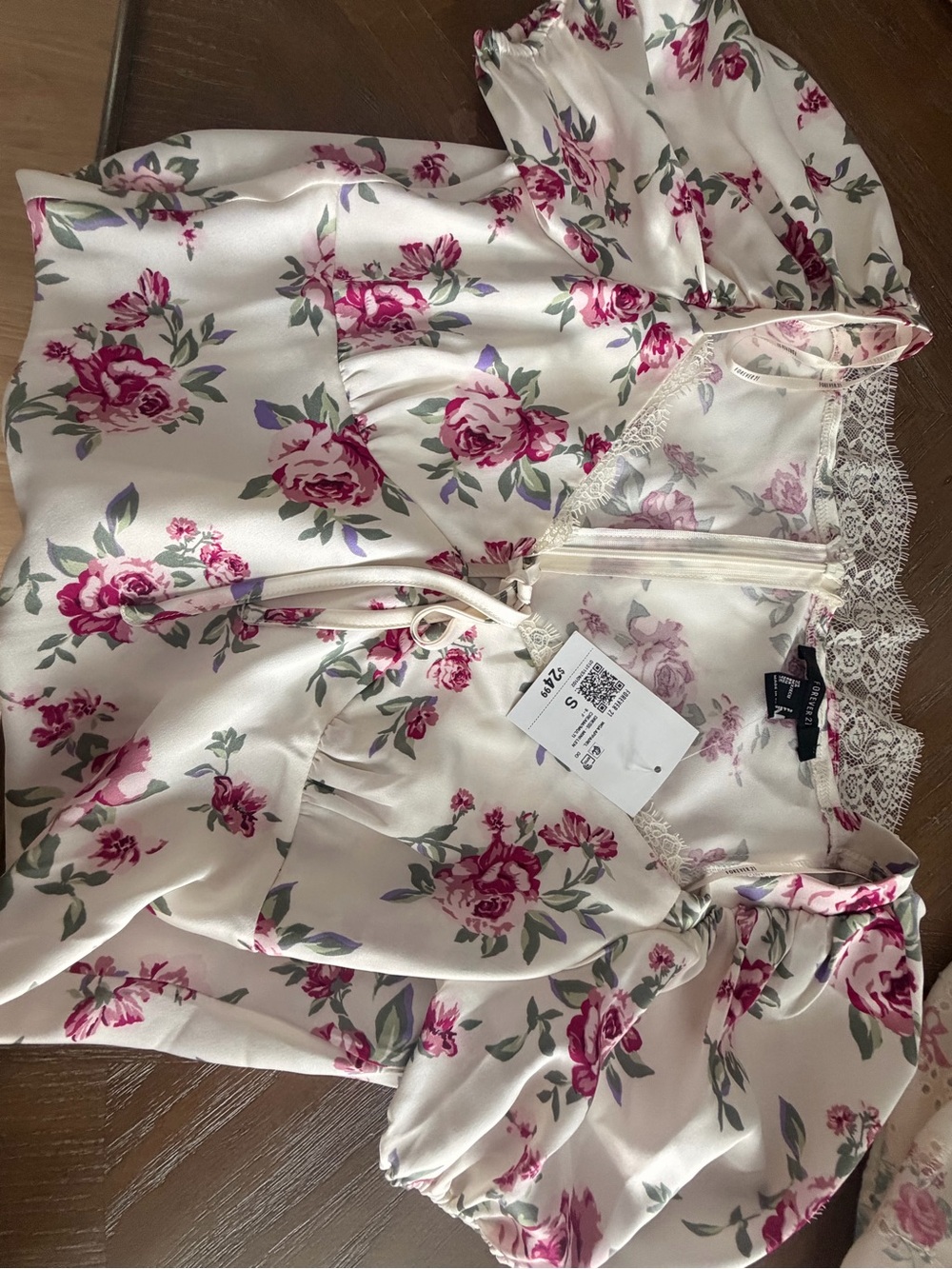 Forever 21 Ivory Floral Lace-Trim Dress with Pink Roses